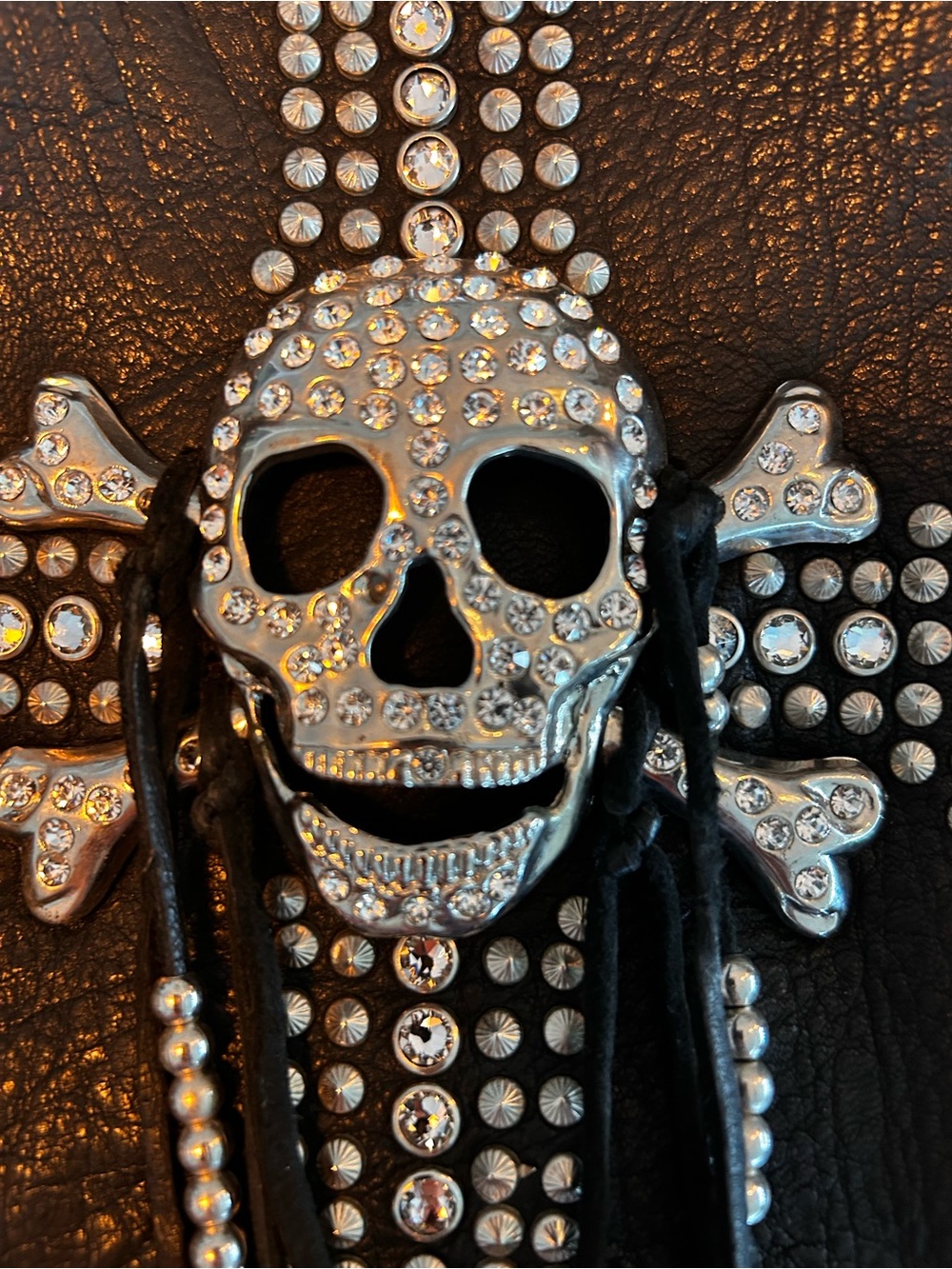 Black Fringe Crossbody Bag with Rhinestone Skull Accent - Picture 2 of 8
